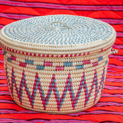 Artisan Lidded Storage Basket (Geometric Pattern - Blue, Pink & Teal)