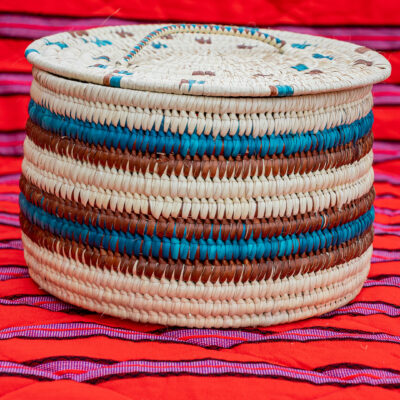 Artisan Lidded Storage Basket (Wide Stripe - Teal, Blue & Brown)