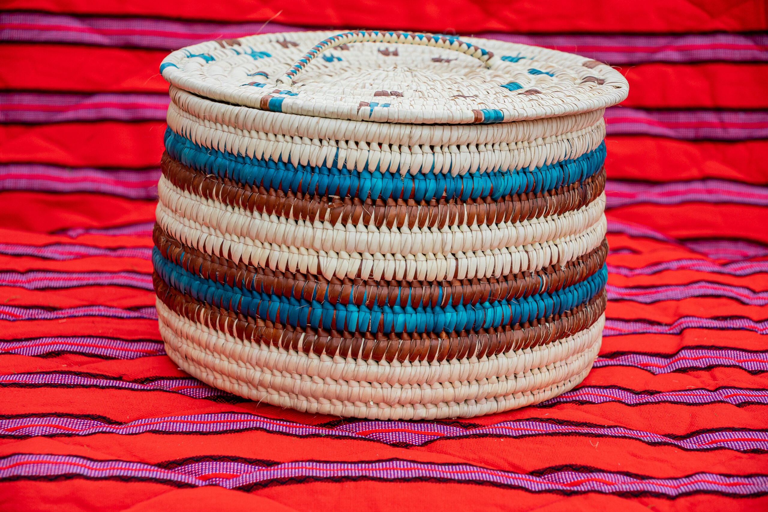 Artisan Lidded Storage Basket (Wide Stripe - Teal, Blue & Brown)