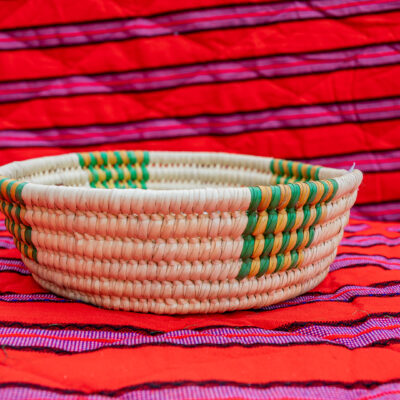 Handwoven Round Display Bowl with Green and Gold Accents