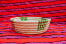 Handwoven Round Display Bowl with Green and Gold Accents