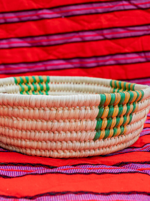 Handwoven Round Display Bowl with Green and Gold Accents