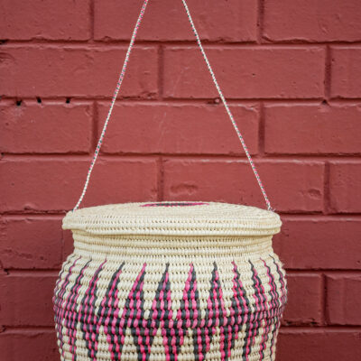 Large Artisan Basket Handbag (Pink & Black Chevron Pattern)