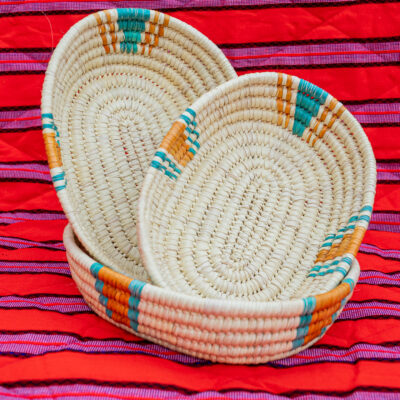 Oval Handwoven Serving Baskets with Turquoise and Orange Accents (Set of 3)