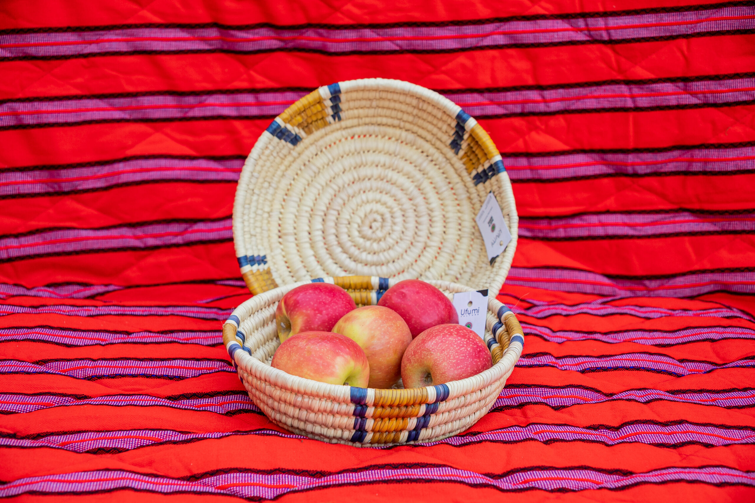 Round Handwoven Serving Baskets with Turquoise and Orange Accents (Set of 2)