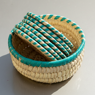 Two-Tone Teal & Natural Woven Coaster Set